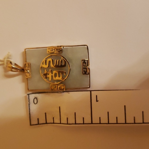 Sanuk 14k Yellow Gold rectangle Green Jade Chinese double sided dragon Pendant - Picture 3 of 5